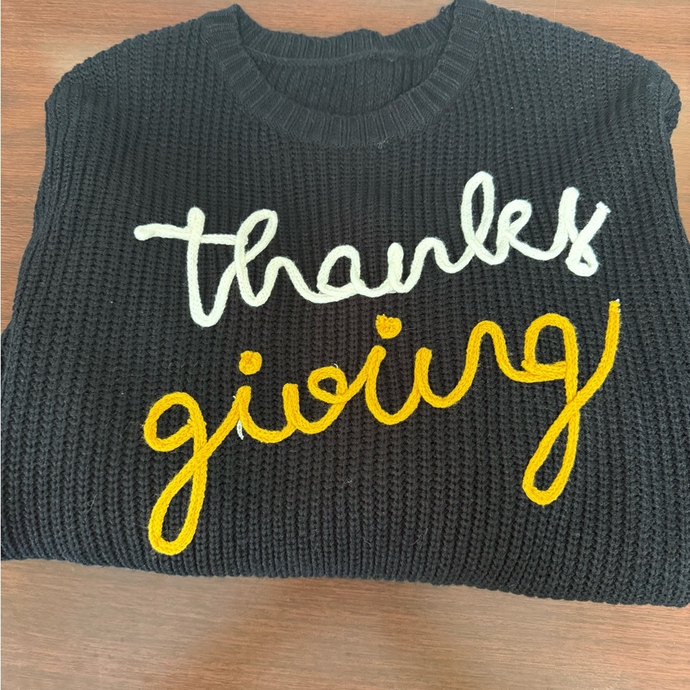 Black Sweater with White and Yellow 'Thanksgiving' Design